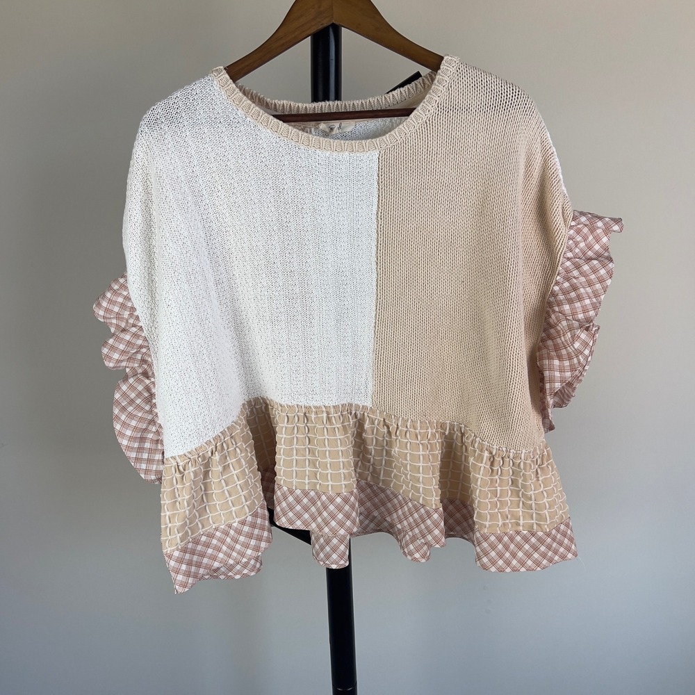 Easel Los Angeles Colorblock Ruffle Knit Top Large Tan Cream Plaid Boho L
